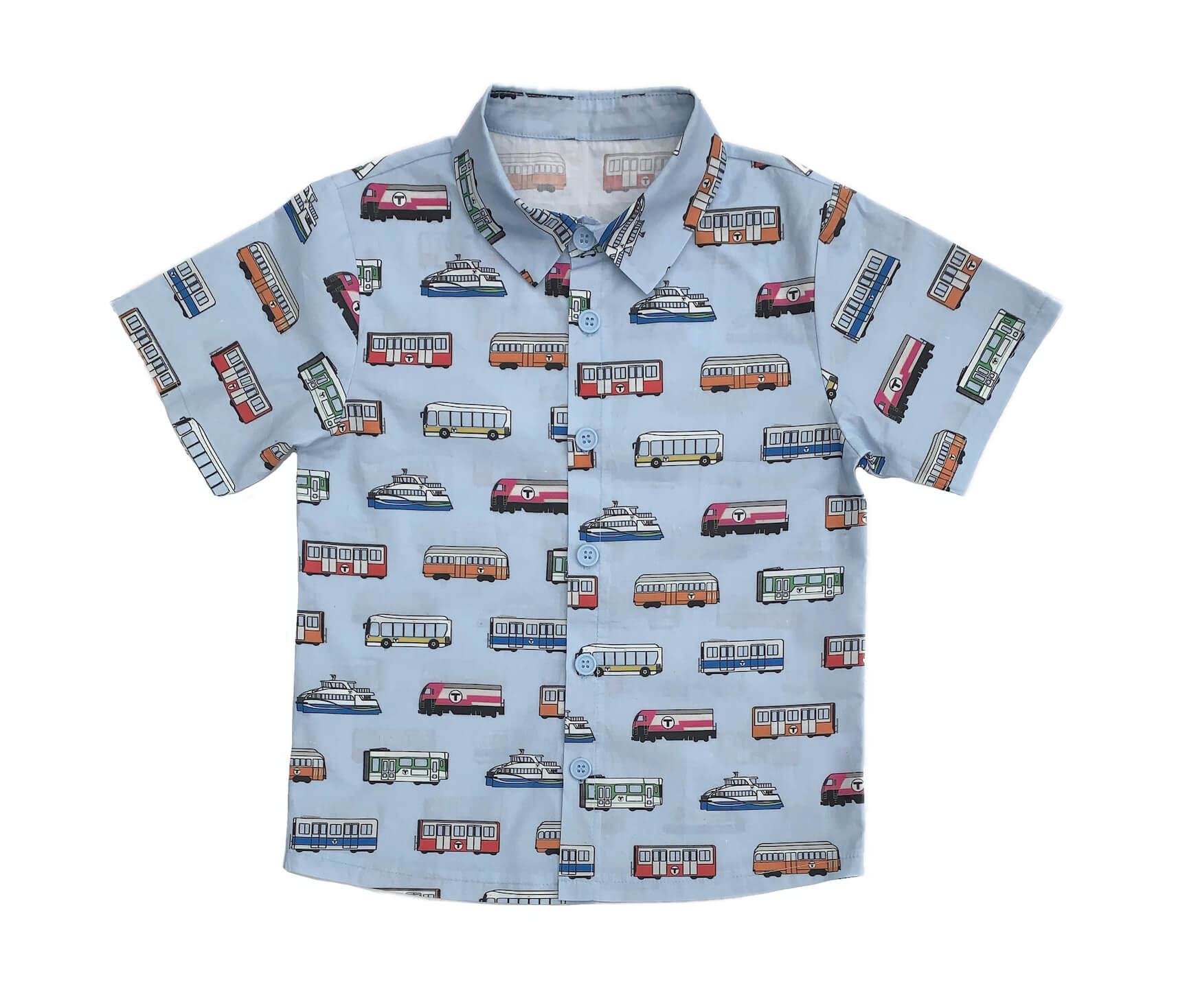 Youth MBTA Vehicle Print Woven Shirt - Light Blue